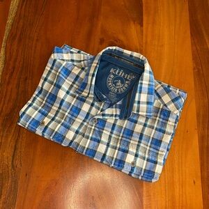 Kuhl Short Sleeve Button- Up Blue Plaid Shirt Men’s Size S, Hiking, Outdoor